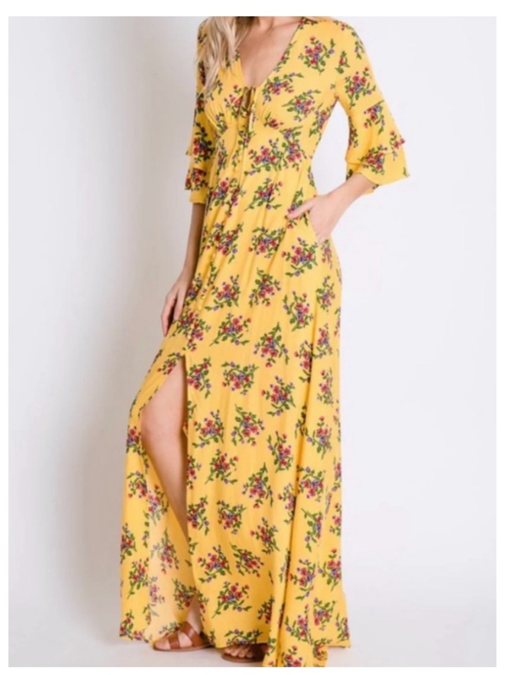NWT DAVI & DANI Romantic Garden Maxi Dress in Yellow Floral LARGE